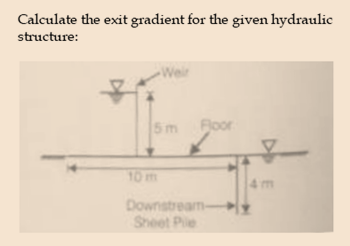 Calculate the exit gradient for the given hydraulic
structure:
5m
loor
10 m
Downstream-
Sheet Pie

