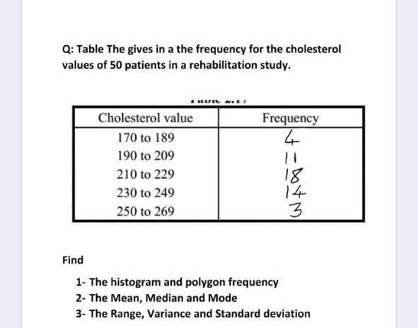 Q: Table The gives in a the frequency for the cholesterol
values of 50 patients in a rehabilitation study.
Cholesterol value
Frequency
4
170 to 189
190 to 209
18
14
210 to 229
230 to 249
250 to 269
Find
1- The histogram and polygon frequency
2- The Mean, Median and Mode
3- The Range, Variance and Standard deviation

