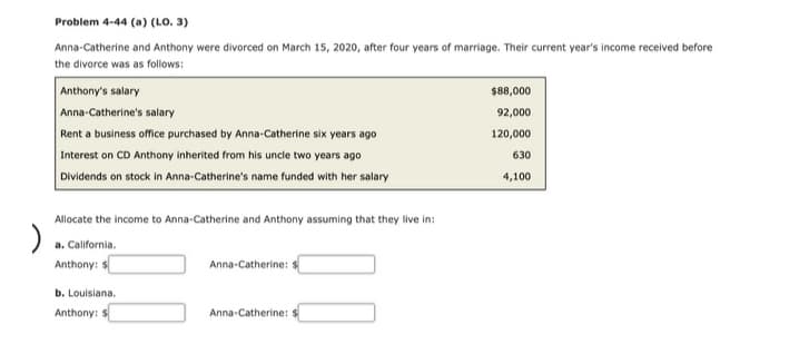 Problem 4-44 (a) (LO. 3)
Anna-Catherine and Anthony were divorced on March 15, 2020, after four years of marriage. Their current year's income received before
the divorce was as follows:
Anthony's salary
$88,000
Anna-Catherine's salary
92,000
Rent a business office purchased by Anna-Catherine six years ago
120,000
Interest on CD Anthony inherited from his uncle two years ago
630
Dividends on stock in Anna-Catherine's name funded with her salary
4,100
Allocate the income to Anna-Catherine and Anthony assuming that they live in:
a. California.
Anthony:
Anna-Catherine:
b. Louisiana.
Anthony: $
Anna-Catherine:
