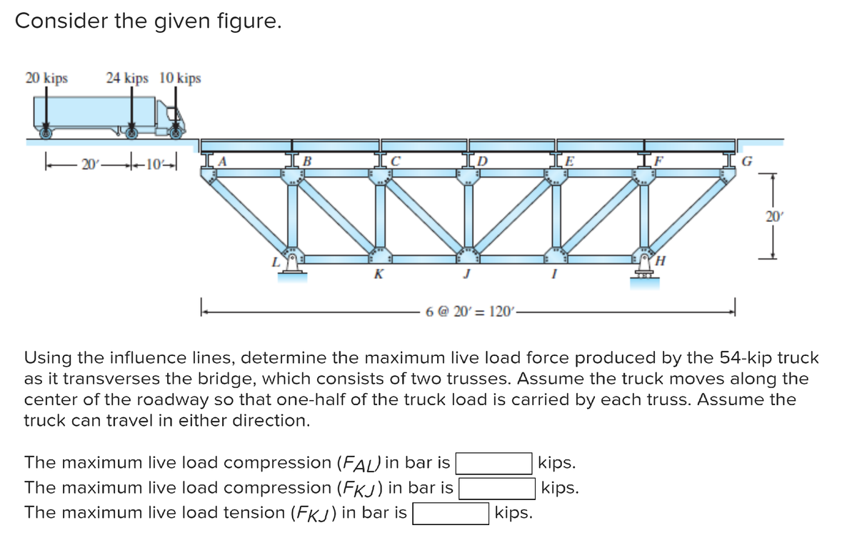 Consider the given figure.
20 kips
24 kips 10 kips
—2010
IA
IB
Ic
K
ID
6 @ 20' = 120'-
The maximum live load compression (FAL) in bar is
The maximum live load compression (FKJ) in bar is
The maximum live load tension (FKJ) in bar is
IE
kips.
I
IF
kips.
kips.
H
G
Using the influence lines, determine the maximum live load force produced by the 54-kip truck
as it transverses the bridge, which consists of two trusses. Assume the truck moves along the
center of the roadway so that one-half of the truck load is carried by each truss. Assume the
truck can travel in either direction.
T
20'