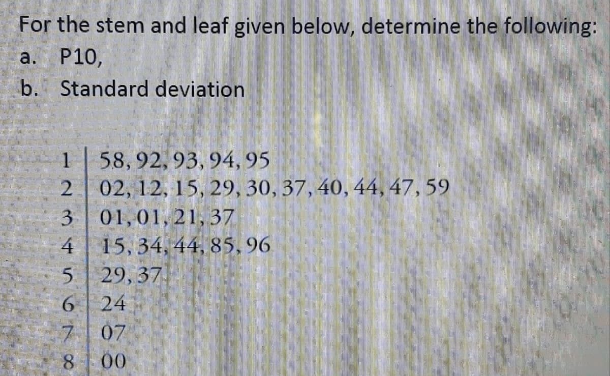 For the stem and leaf given below, determine the following:
a.
P10,
b. Standard deviation
58,92, 93, 94, 95
02, 12, 15, 29, 30, 37, 40, 44, 47,59
01,01, 21, 37
1
3
4
15, 34, 44, 85,96
5.
29, 37
6 24
7 07
8.
00
