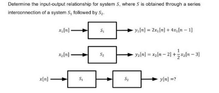 Determine the input-output reiationship for system S, where S is obtained through a series
interconnection of a system S, followed by S2.
x, [n] –
y.ln] = 2x,[n] + 4x, [n - 1]
xa[n] -
Yaln] = xa[n- 2] +xaln-3]
Sz
x[n]
Sz
yln] =?

