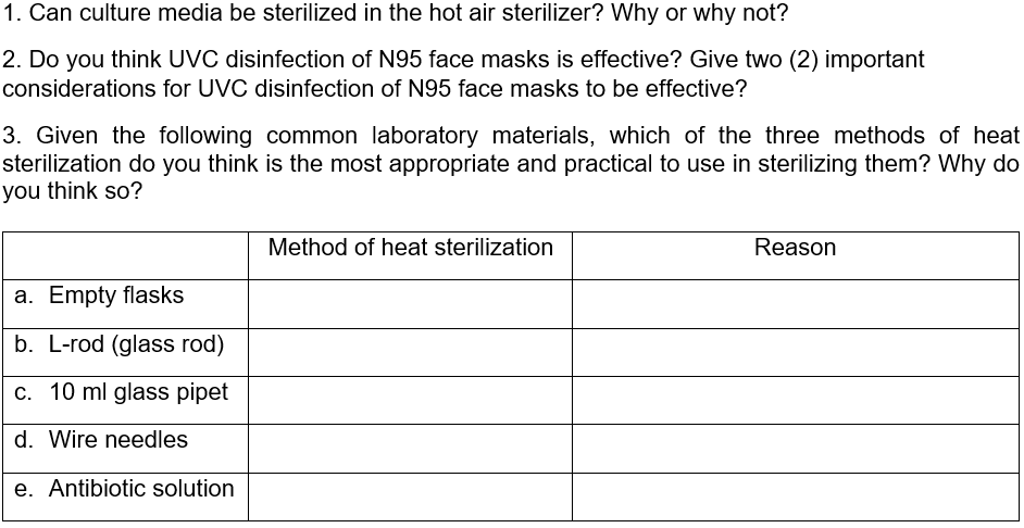 1. Can culture media be sterilized in the hot air sterilizer? Why or why not?
2. Do you think UVC disinfection of N95 face masks is effective? Give two (2) important
considerations for UVC disinfection of N95 face masks to be effective?
3. Given the following common laboratory materials, which of the three methods of heat
sterilization do you think is the most appropriate and practical to use in sterilizing them? Why do
you think so?
Method of heat sterilization
Reason
a. Empty flasks
b. L-rod (glass rod)
c. 10 ml glass pipet
d. Wire needles
e. Antibiotic solution
