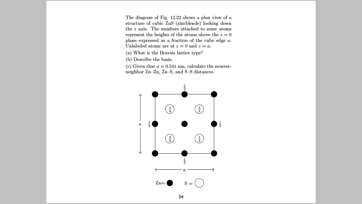 The diagram of Fig. 12.22 shows a plan view of a
structure of cubic ZnS (zincblende) looking down
the z axis. The numbers attached to some atoms
represent the heights of the atoms above the z =
plane expressed as a fraction of the cube edge a.
Unlabeled atoms are at z = 0 and z = a.
(a) What is the Bravais lattice type?
(b) Describe the basis.
(c) Given that a = 0.541 nm, calculate the nearest-
neighbor Zn-Zn, Zn–S, and S-S distances.
3
a
1
а
Zn=
S =
54
