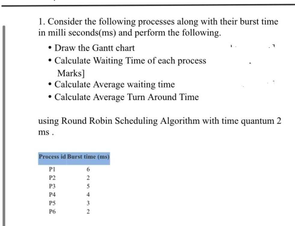 1. Consider the following processes along with their burst time
in milli seconds(ms) and perform the following.
• Draw the Gantt chart
• Calculate Waiting Time of each process
Marks]
• Calculate Average waiting time
• Calculate Average Turn Around Time
using Round Robin Scheduling Algorithm with time quantum 2
ms .
Process id Burst time (ms)
P1
P2
2
P3
P4
4
P5
P6
