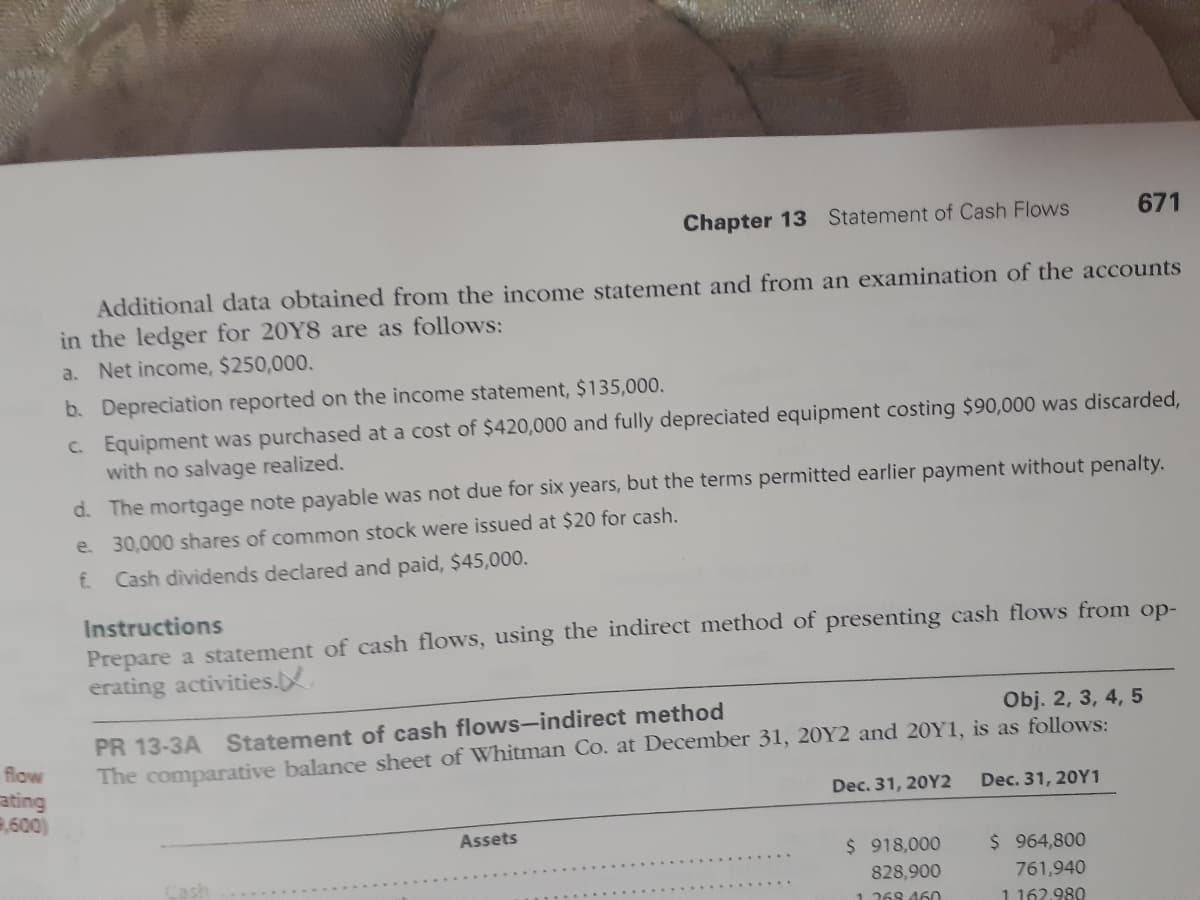 Chapter 13 Statement of Cash Flows
671
Additional data obtained from the income statement and from an examination of the accounts
in the ledger for 20Y8 are as follows:
a. Net income, $250,000.
b. Depreciation reported on the income statement, $135,000.
C. Equipment was purchased at a cost of $420,000 and fully depreciated equipment costing $90,000 was discarded,
with no salvage realized.
d. The mortgage note payable was not due for six years, but the terms permitted earlier payment without penalty.
e. 30,000 shares of common stock were issued at $20 for cash.
f.
Cash dividends declared and paid, $45,000.
Instructions
Prepare a statement of cash flows, using the indirect method of presenting cash flows from op-
erating activities..
PR 13-3A Statement of cash flows-indirect method
The comparative balance sheet of Whitman Co. at December 31, 20Y2 and 20Y1, is as follows:
Obj. 2, 3, 4, 5
flow
ating
3,600)
Dec. 31, 20Y2
Dec. 31, 20Y1
Assets
$ 918,000
$ 964,800
Cash
761,940
828,900
1.268 460
1162.989
