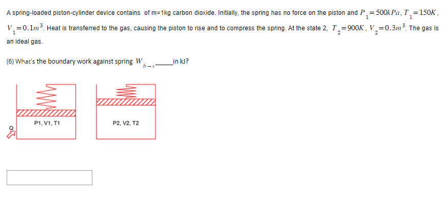 A spring-loaded piston-cylinder device contains of m=1kg carbon dioxide. Initially, the spring has no force on the piston and P₁= 500kPa, T₁ = 150K,
1
1
V₁ = 0.1m³. Heat is transferred to the gas, causing the piston to rise and to compress the spring. At the state 2, T₂=900K, V₂=0.3m ³. The gas is
1
2
2
an ideal gas.
(6) What's the boundary work against spring W
P1, V1, T1
P2, V2, T2
b-s-
in kJ?