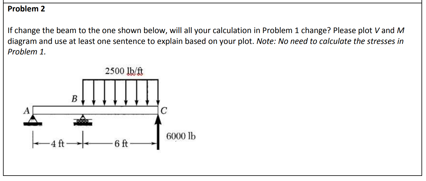 Problem 2
If change the beam to the one shown below, will all your calculation in Problem 1 change? Please plot V and M
diagram and use at least one sentence to explain based on your plot. Note: No need to calculate the stresses in
Problem 1.
2500 lb/ft
B
6000 lb
6 ft
