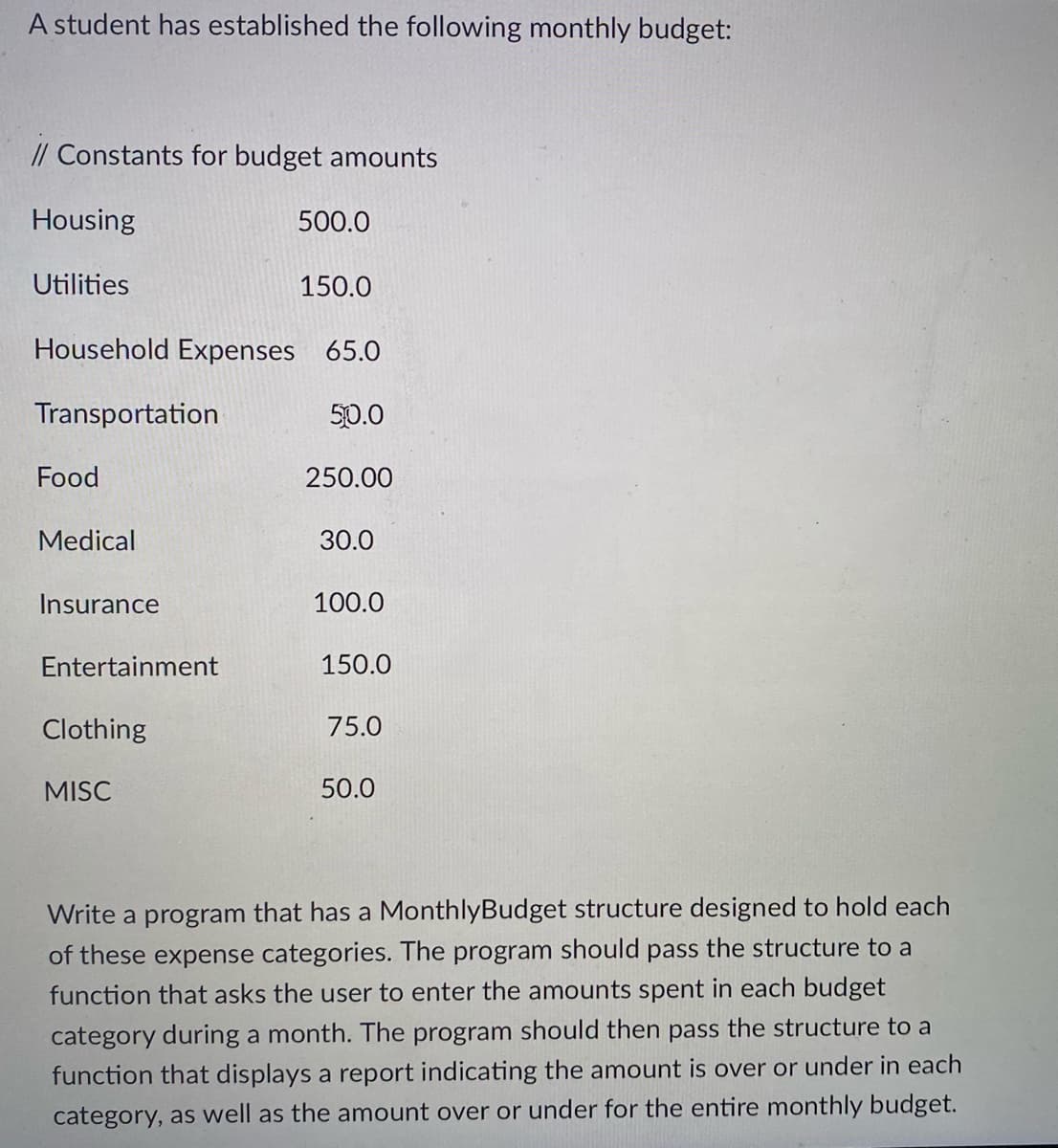 A student has established the following monthly budget:
// Constants for budget amounts
Housing
500.0
Utilities
150.0
Household Expenses 65.0
Transportation
50.0
Food
250.00
Medical
30.0
Insurance
100.0
Entertainment
150.0
Clothing
75.0
MISC
50.0
Write a program that has a MonthlyBudget structure designed to hold each
of these expense categories. The program should pass the structure to a
function that asks the user to enter the amounts spent in each budget
category during a month. The program should then pass the structure to a
function that displays a report indicating the amount is over or under in each
category, as well as the amount over or under for the entire monthly budget.
