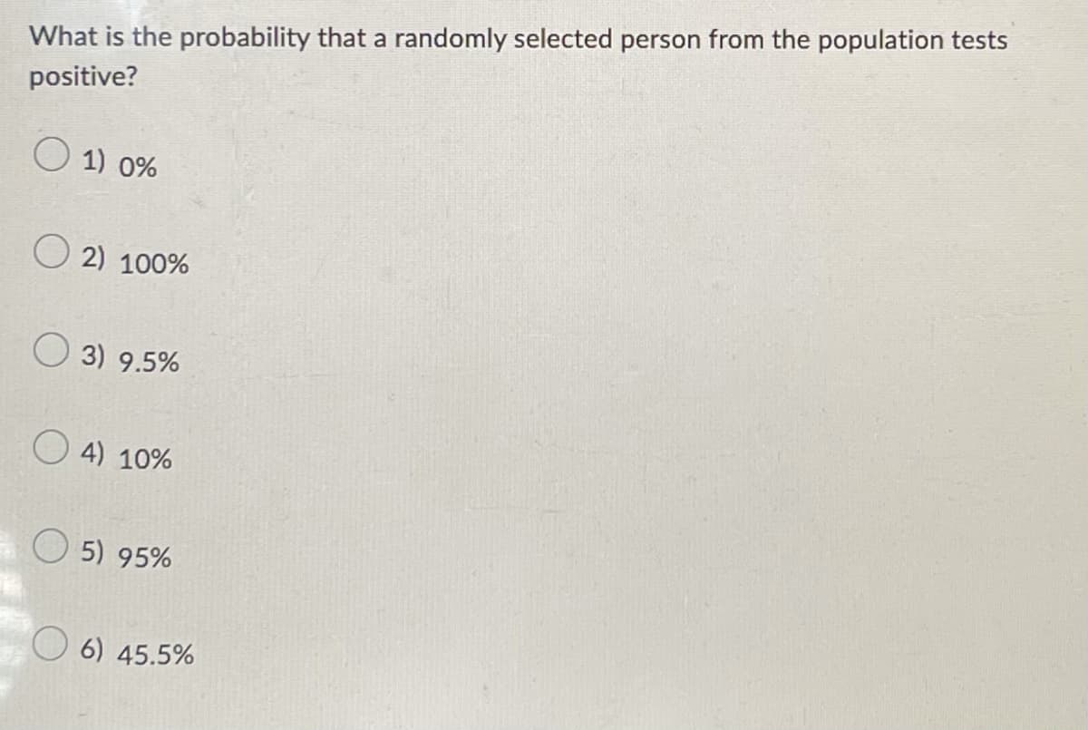 What is the probability that a randomly selected person from the population tests
positive?
O 1) 0%
O2) 100%
3) 9.5%
4) 10%
5) 95%
6) 45.5%