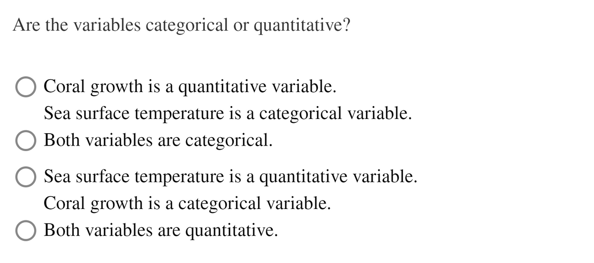 Are the variables categorical or quantitative?
Coral growth is a quantitative variable.
Sea surface temperature is a categorical variable.
Both variables are categorical.
Sea surface temperature is a quantitative variable.
Coral growth is a categorical variable.
Both variables are quantitative.
