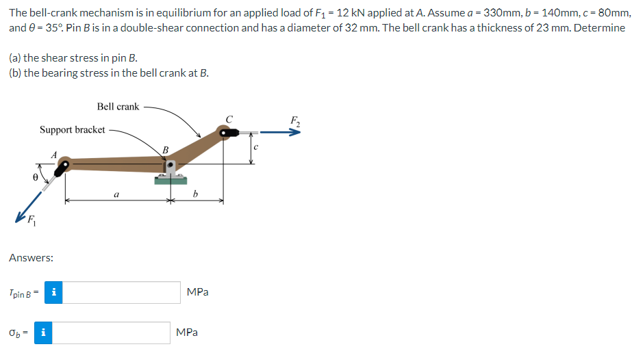 The bell-crank mechanism is in equilibrium for an applied load of F1 = 12 kN applied at A. Assume a = 330mm, b = 140mm, c = 80mm,
and e = 35°. Pin Bis in a double-shear connection and has a diameter of 32 mm. The bell crank has a thickness of 23 mm. Determine
(a) the shear stress in pin B.
(b) the bearing stress in the bell crank at B.
Bell crank
F,
Support bracket
В
A
a
F
Answers:
Tpin B = i
MPa
i
MPa
