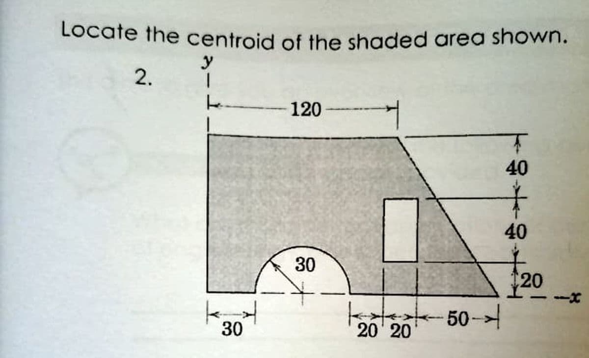 Locate the centroid of the shaded area shown.
y
2.
120
1
40
40
30
kk
30
20 20
50-
20
