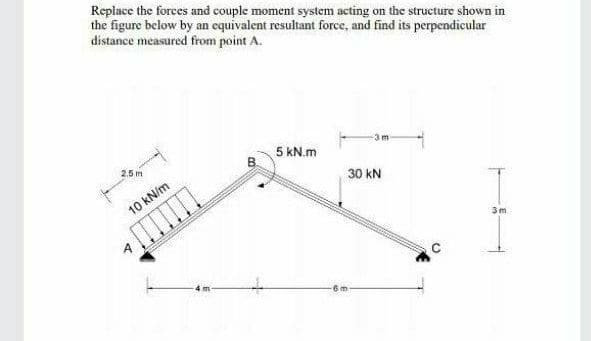 Replace the forces and couple moment system acting on the structure shown in
the figure below by an equivalent resultant force, and find its perpendicular
distance measured from point A.
-3 m
5 kN.m
2.5 m
30 kN
10 kN/m
3m
6 m
