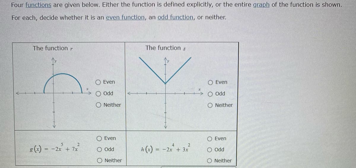 Four functions are given below. Either the function is defined explicitly, or the entire graph of the function is shown.
For each, decide whether it is an even function, an odd function, or neither.
The function r
The functions
O Even
O Even
O Odd
O odd
O Neither
O Neither
O Even
O Even
4
g (x) = -2x + 7x
O Odd
h (x) = -2x + 3x
O Od
%3D
O Neither
O Neither
