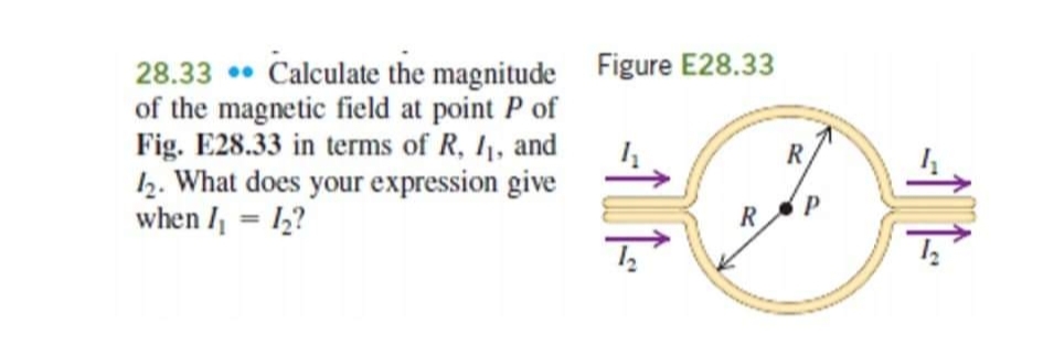 28.33 Calculate the magnitude Figure E28.33
of the magnetic field at point P of
Fig. E28.33 in terms of R, 1₁, and
12. What does your expression give
when I₁ = 1₂?
R
R