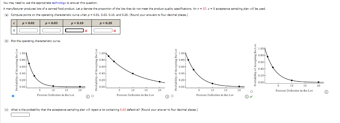 A manufacturer produces lots of a canned food product. Let p denote the proportion of the lots that do not meet the product quality specifications. An n = 37, c = 0 acceptance sampling plan will be used.
(a) Compute points on the operating characteristic curve when p= 0.01, 0.03, 0.10, and 0.20. (Round your answers to four decimal places.)
P = 0.01
p = 0.03
p = 0.10
p = 0.20
