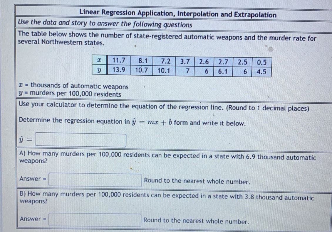 Linear Regression Application, Interpolation and Extrapolation
Use the data and story to answer the following questions
The table below shows the number of state-registered automatic weapons and the murder rate for
several Northwestern states.
11.7
8.1
7.2
3.7
2.6
2.7
2.5
0.5
13.9
10.7
10.1
7
6.
6.1
6.
4.5
T = thousands of automatic weapons
y = murders per 100,000 residents
Use your calculator to determine the equation of the regression line. (Round to 1 decimal places)
Determine the regression equation in y = mx + b form and write it below.
A) How many murders per 100,000 residents can be expected in a state with 6.9 thousand automatic
weapons?
Answer =
Round to the nearest whole number.
B) How many murders per 100,000 residents can be expected in a state with 3.8 thousand automatic
weapons?
Answer =
Round to the nearest whole number.
