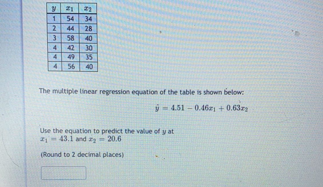 22
1
54
34
2.
44
28
58
40
4
42
30
4
49
35
4
56
40
The multiple linear regression equation of the table is shown below:
ý = 4.51 – 0.46x1 + 0.63r2
Use the equation to predict the value of y at
T = 43.1 and r2
20.6
(Round to 2 decimal places)
