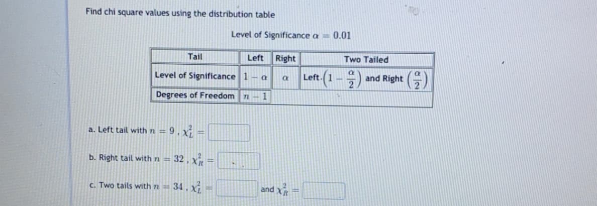 Find chi square values using the distribution table
Level of Significance a = 0.01
Tail
Left Right
Two Tailed
Level of Significance 1- a
Left.(1
and Right (5
a
Degrees of Freedom n - 1
a. Left tail with n = 9
9.x =
b. Right tail with n = 32 , xP
%3D
C. Two tails with n =
34. x =
and X
%3D
