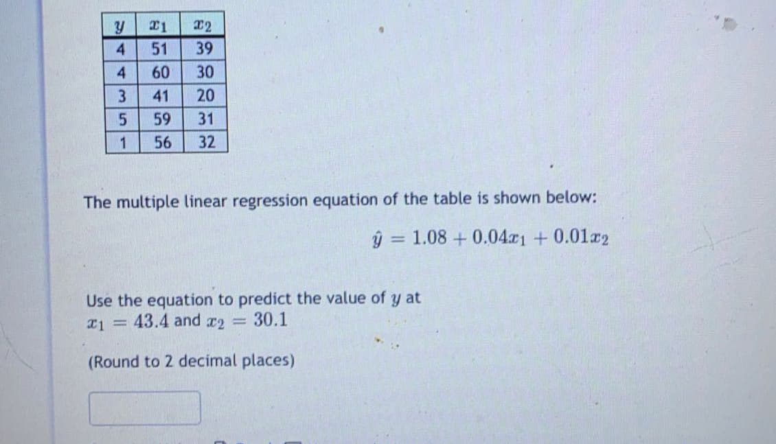 22
4
51
39
4
60
30
41
20
59
31
1
56
32
The multiple linear regression equation of the table is shown below:
ý = 1.08 + 0.04.x1+0.01x2
%3D
Use the equation to predict the value of y at
43.4 and 2 =
30.1
(Round to 2 decimal places)
