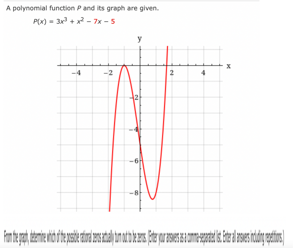 A polynomial function P and its graph are given.
P(x) = 3x³ + x² - 7x - 5
TITI
–4
-2
y
2
-6
-8
2
4
X
from the grate determine which ofthe posterior es adalah oran otot be consulenter para seus as a commerce ed i te al es in die regte