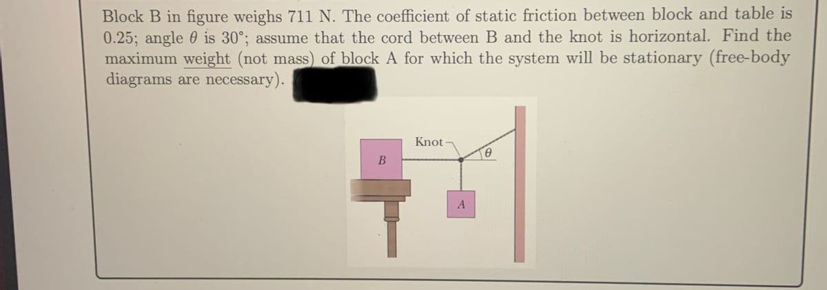 Block B in figure weighs 711 N. The coefficient of static friction between block and table is
0.25; angle 0 is 30°; assume that the cord between B and the knot is horizontal. Find the
maximum weight (not mass) of block A for which the system will be stationary (free-body
diagrams are necessary).
Knot
A
