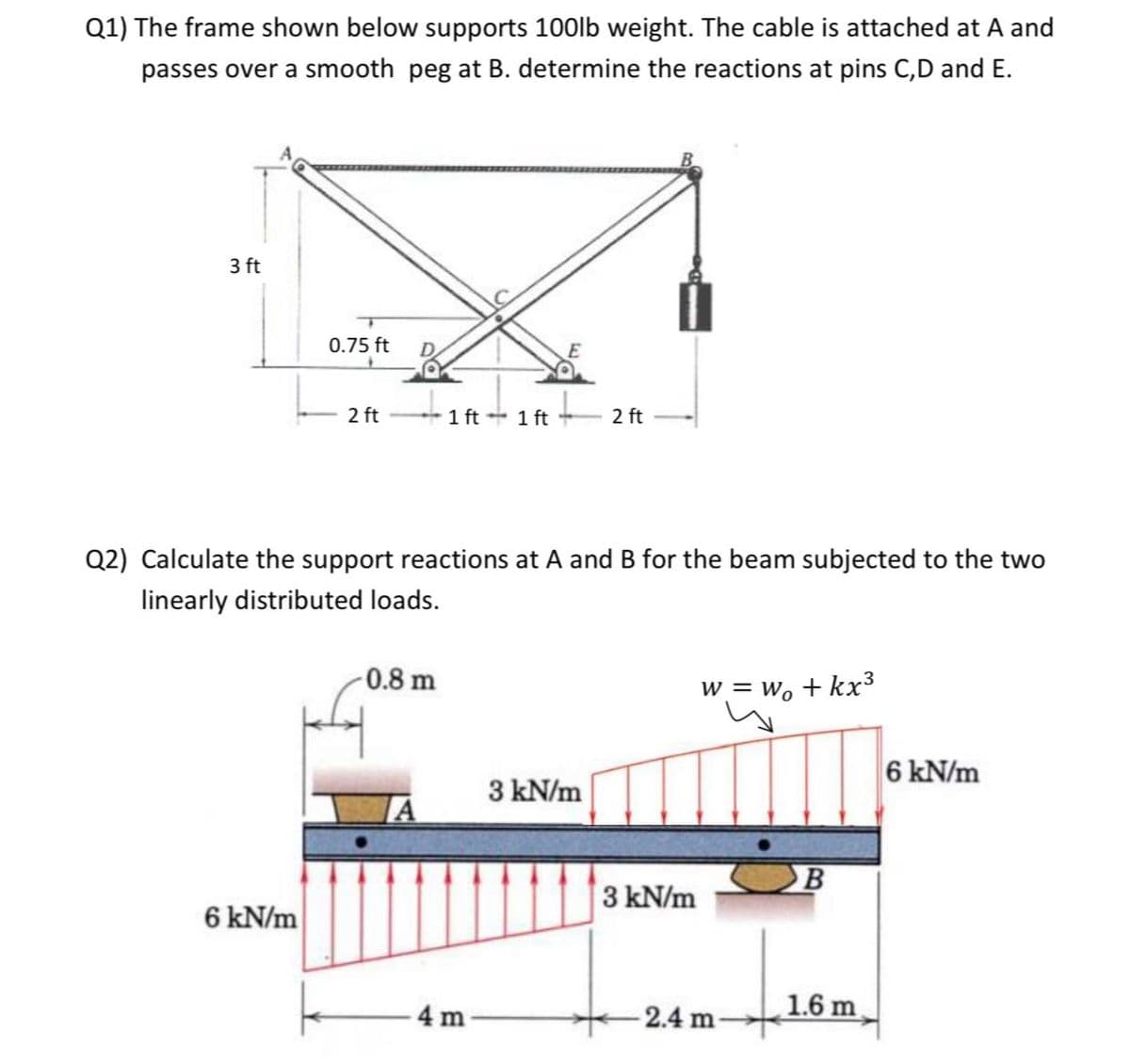 Q1) The frame shown below supports 100lb weight. The cable is attached at A and
passes over a smooth peg at B. determine the reactions at pins C,D and E.
3 ft
0.75 ft
2 ft
1 ft + 1 ft + 2 ft
Q2) Calculate the support reactions at A and B for the beam subjected to the two
linearly distributed loads.
-0.8 m
w = w. + kx³
6 kN/m
3 kN/m
3 kN/m
6 kN/m
4 m
2.4 m-
1.6 m
