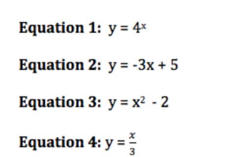 Equation 1: y = 4×
Equation 2: y= -3x + 5
Equation 3: y = x² - 2
Equation 4: y =
