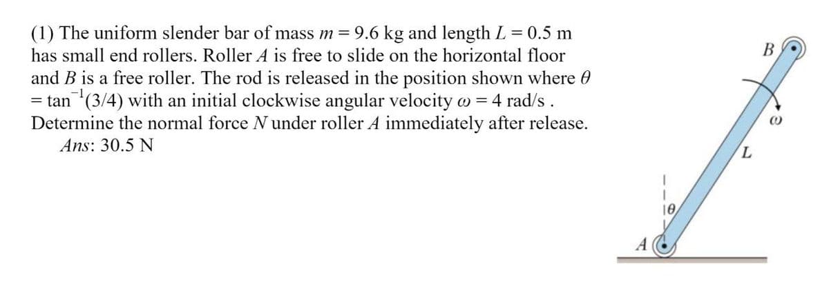 (1) The uniform slender bar of mass m = 9.6 kg and length L = 0.5 m
has small end rollers. Roller A is free to slide on the horizontal floor
and B is a free roller. The rod is released in the position shown where 0
= tan (3/4) with an initial clockwise angular velocity w = 4 rad/s.
Determine the normal force N under roller A immediately after release.
-1
Ans: 30.5 N
10
