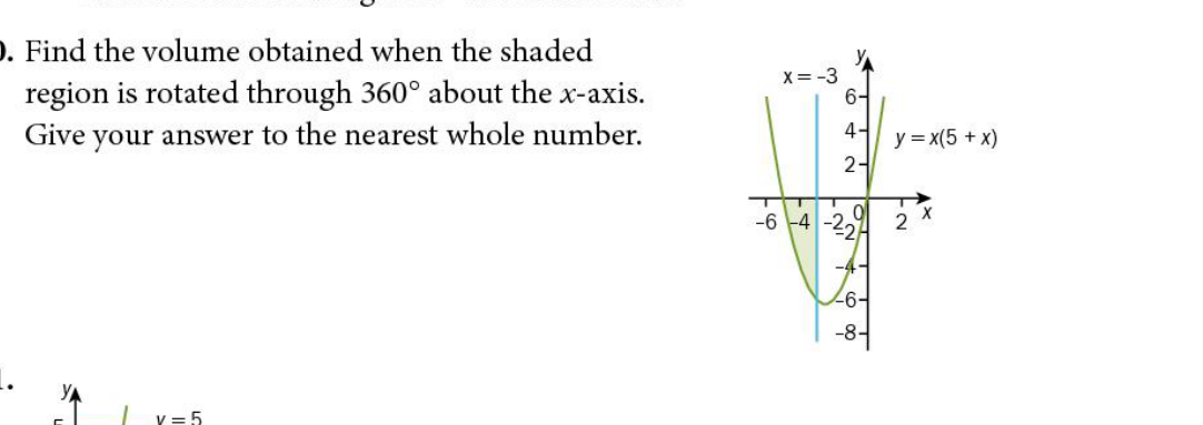 -6 -4 -2, 2 *
). Find the volume obtained when the shaded
region is rotated through 360° about the x-axis.
Give your answer to the nearest whole number.
X = -3
6-
4-
y = x(5 + x)
2-
-8-
v = 5
