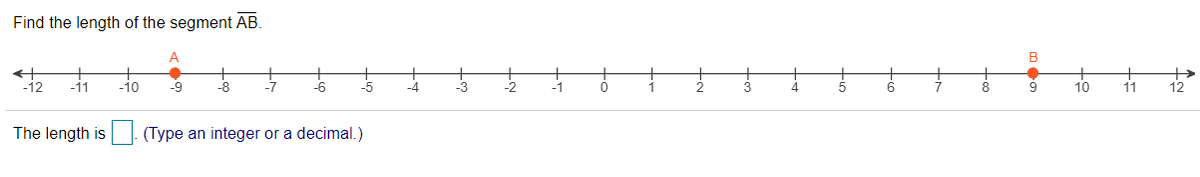 Find the length of the segment AB.
A
B
-12
-10
-9
-8
-7
-6
-5
-4
-3
-2
-1
10
11
12
The length is (Type an integer or a decimal.)

