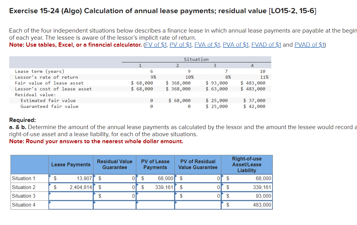 Exercise 15-24 (Algo) Calculation of annual lease payments; residual value [LO15-2, 15-6]
Each of the four independent situations below describes a finance lease in which annual lease payments are payable at the begin
of each year. The lessee is aware of the lessor's implicit rate of return.
Note: Use tables, Excel, or a financial calculator. (FV of $1, PV of $1, FVA of $1, PVA of $1, FVAD of $1 and PVAD of $1)
Lease term (years)
Lessor's rate of return
Fair value of lease asset
Lessor's cost of lease asset
Residual value:
Estimated fair value.
Guaranteed fair value
Situation 1
Situation 2
Situation 3
Situation 4
Lease Payments
$
$
13,907
2,404,814
1
$
$
$
6
9%
$ 68,000
$ 68,000
0
0 $
0
0
2
Residual Value PV of Lease
Guarantee Payments
Situation
$368,000
$368,000
9
10%
$ 68,000
0
68,000 $
339,161 $
$
3
Required:
a. & b. Determine the amount of the annual lease payments as calculated by the lessor and the amount the lessee would record a
right-of-use asset and a lease liability, for each of the above situations.
Note: Round your answers to the nearest whole dollar amount.
$ 93,000
$ 63,000
7
8%
$ 25,000
$ 25,000
PV of Residual
Value Guarantee
0
0
0
4
$
$
$
$
10
11%
$ 483,000
$ 483,000
$ 37,000
$ 42,000
Right-of-use
Asset/Lease
Liability
68,000
339,161
93,000
483,000