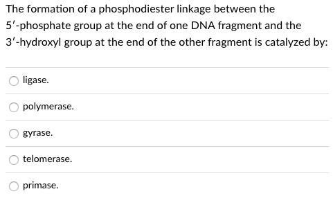 The formation of a phosphodiester linkage between the
5'-phosphate group at the end of one DNA fragment and the
3'-hydroxyl group at the end of the other fragment is catalyzed by:
ligase.
polymerase.
gyrase.
telomerase.
primase.
