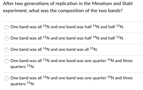 After two generations of replication in the Meselson and Stahl
experiment, what was the composition of the two bands?
One band was all 14N and one band was half 14N and half 15N.
One band was all 15N and one band was half 14N and half 15N.
One band was all 14N and one band was all 15N.
One band was all 15N and one band was one quarter 14N and three
quarters 15N.
One band was all 14N and one band was one quarter 14N and three
quarters 15N.
