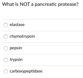 What is NOT a pancreatic protease?
elastase
chymotrypsin
pepsin
trypsin
carboxypeptidase
