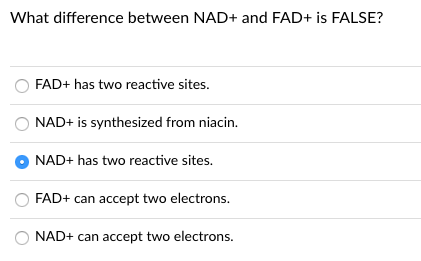 What difference between NAD+ and FAD+ is FALSE?
FAD+ has two reactive sites.
NAD+ is synthesized from niacin.
NAD+ has two reactive sites.
FAD+ can accept two electrons.
NAD+ can accept two electrons.
