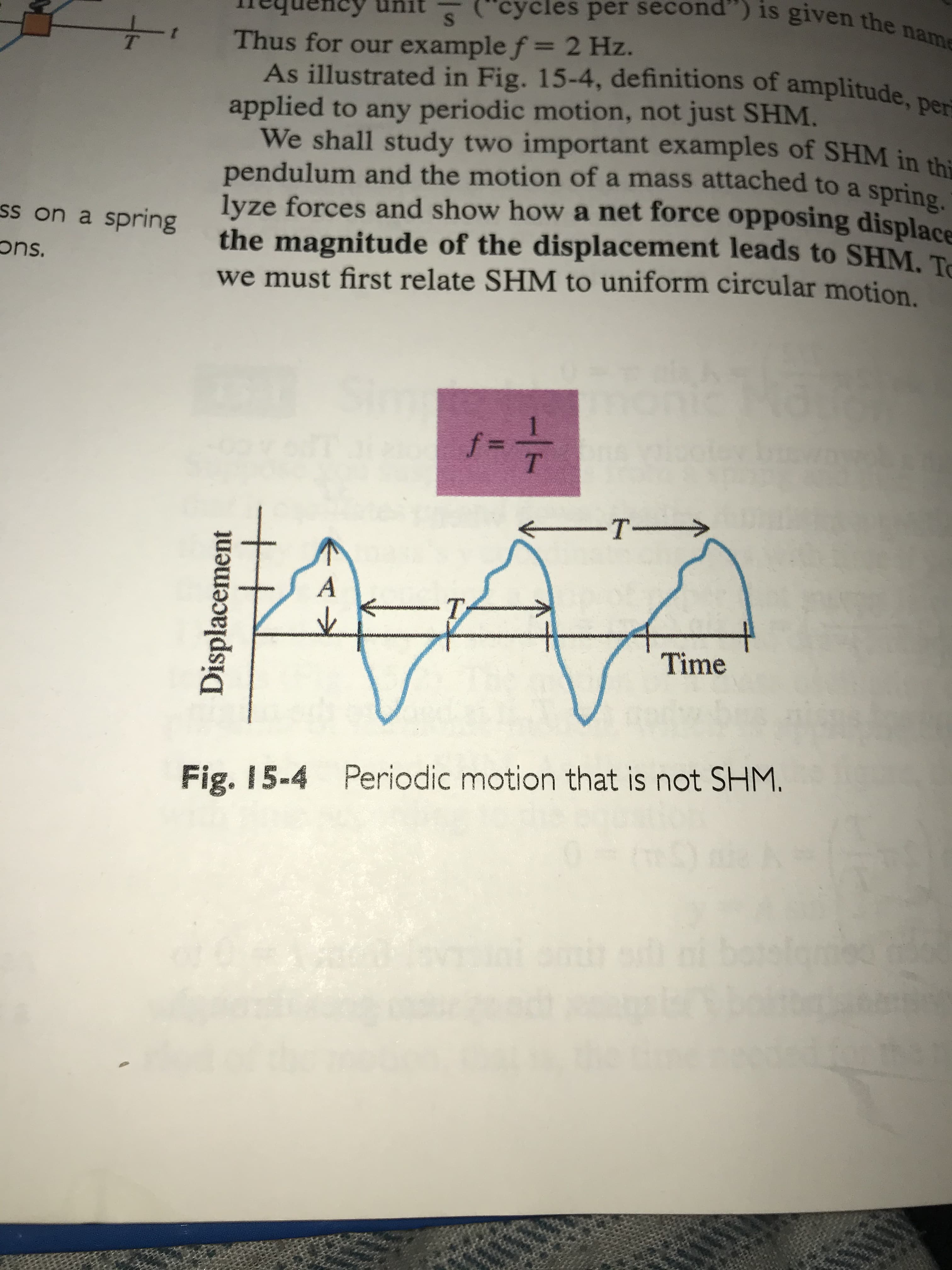 is given the name
ele
per
Thus for our example f = 2 Hz.
As illustrated in Fig. 15-4, definitions of amplitude, ne
applied to any periodic motion, not just SHM.
We shall study two important examples of SHM in thi
pendulum and the motion of a mass attached to a sprino
lyze forces and show how a net force opposing displace
the magnitude of the displacement leads to SHM. T
BUILds e uo ss
we must first relate SHM to uniform circular motion
ons.
3D
T.
T-
www
Time
Fig. 15-4 Periodic motion that is not SHM.
