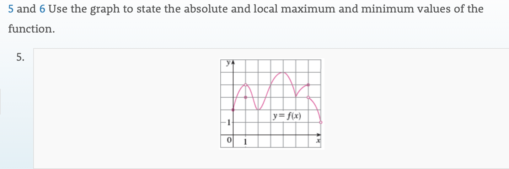 5 and 6 Use the graph to state the absolute and local maximum and minimum values of the
function
5.
УА
y= f(x)
