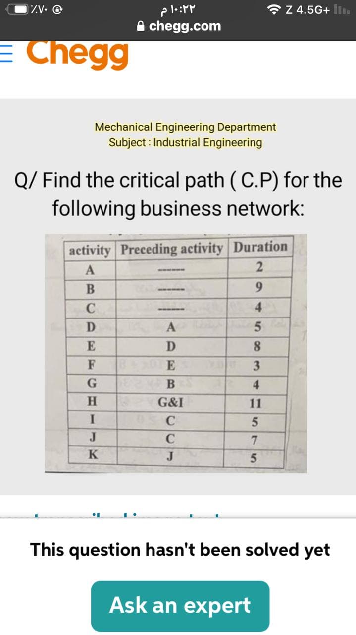 ZV. @
A Z 4.5G+ l.
A chegg.com
= Chegg
Mechanical Engineering Department
Subject : Industrial Engineering
Q/ Find the critical path (C.P) for the
following business network:
activity Preceding activity Duration
2
9.
4
D
A
8.
F
E
4.
G&I
11
C
J
7.
K
J
This question hasn't been solved yet
Ask an expert
