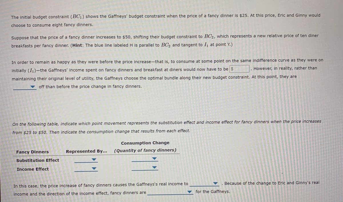 The initial budget constraint (BC1) shows the Gaffneys' budget constraint when the price of a fancy dinner is $25. At this price, Eric and Ginny would
choose to consume eight fancy dinners.
Suppose that the price of a fancy dinner increases to $50, shifting their budget constraint to BC2, which represents a new relative price of ten diner
breakfasts per fancy dinner. (Hint: The blue line labeled H is parallel to BC2 and tangent to I1 at point Y.)
In order to remain as happy as they were before the price increase-that is, to consume at some point on the same indifference curve as they were on
. However, in reality, rather than
initially (I1)-the Gaffneys' income spent on fancy dinners and breakfast at diners would now have to be $
maintaining their original level of utility, the Gaffneys choose the optimal bundle along their new budget constraint. At this point, they are
off than before the price change in fancy dinners.
On the following table, indicate which point movement represents the substitution effect and income effect for fancy dinners when the price increases
from $25 to $50. Then indicate the consumption change that results from each effect.
Consumption Change
Fancy Dinners
Represented By...
(Quantity of fancy dinners)
Substitution Effect
Income Effect
Because of the change to Eric and Ginny's real
In this case, the price increase of fancy dinners causes the Gaffneys's real income to
for the Gaffneys.
income and the direction of the income effect, fancy dinners are
S
>

