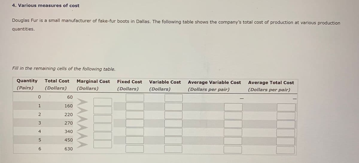 4. Various measures of cost
Douglas Fur is a small manufacturer of fake-fur boots in Dallas. The following table shows the company's total cost of production at various production
quantities.
Fill in the remaining cells of the following table.
Quantity
Total Cost
Marginal Cost
Fixed Cost
Variable Cost
Average Variable Cost
Average Total Cost
(Pairs)
(Dollars)
(Dollars)
(Dollars)
(Dollars)
(Dollars per pair)
(Dollars per pair)
60
1
160
2
220
270
4
340
5
450
630
