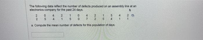 The following data reflect the number of defects produced on an assembly line at an
electronics company for the past 24 days.
1
4
5
4
a. Compute the mean number of defects for this population of days.
2
2
0
5
2
1
0
0
1
5
15
4
2 D