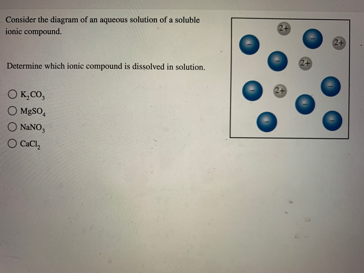 Consider the diagram of an aqueous solution of a soluble
ionic compound.
2+
2+
2+
Determine which ionic compound is dissolved in solution.
2+
O K,CO3
MgSO,
NaNO,
O CaCl,
