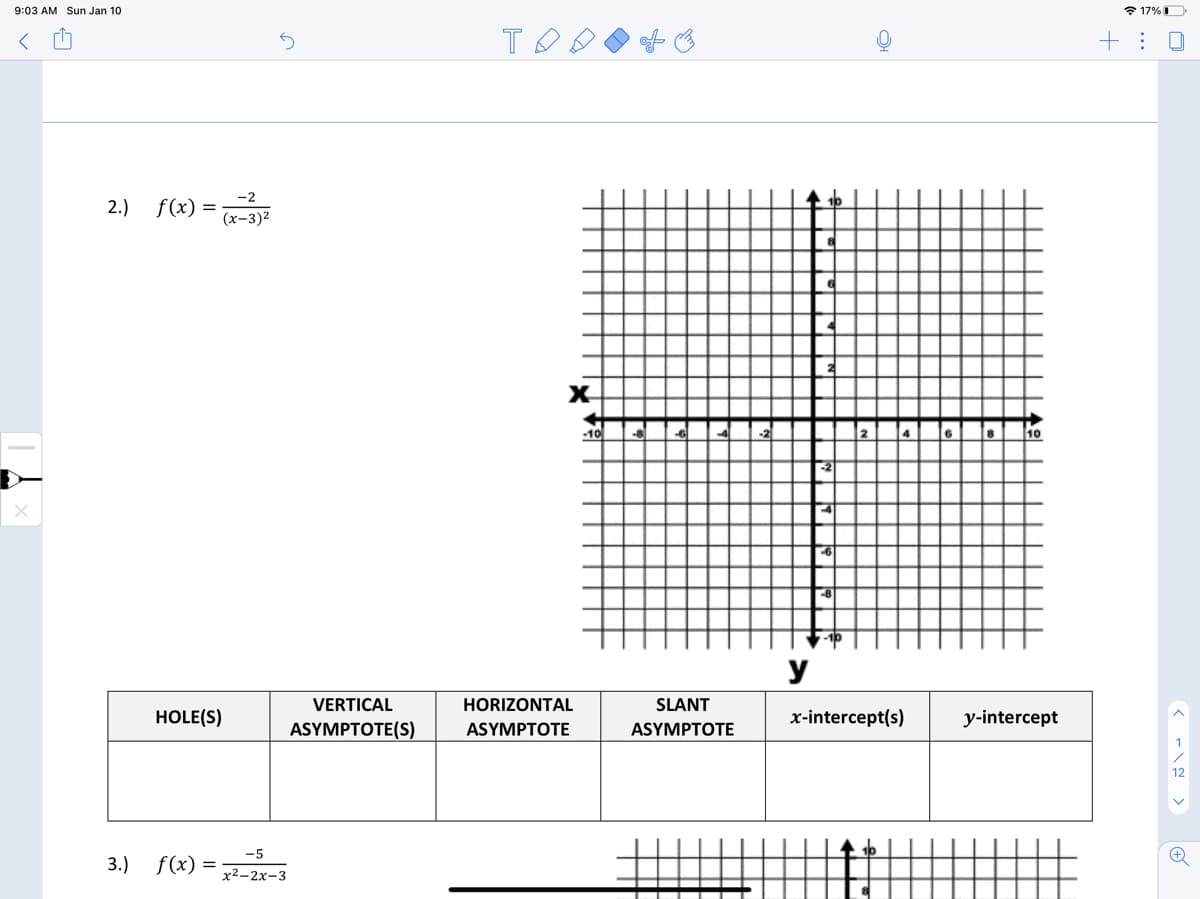 9:03 AM Sun Jan 10
* 17% O
+ : 0
2.)
-2
f (x) =
(x-3)2
X
-10
y
VERTICAL
HORIZONTAL
SLANT
HOLE(S)
x-intercept(s)
y-intercept
ASYMPTOTE(S)
ASYMPTOTE
ASYMPTOTE
12
-5
3.)
f(x) =
х2-2х-3
