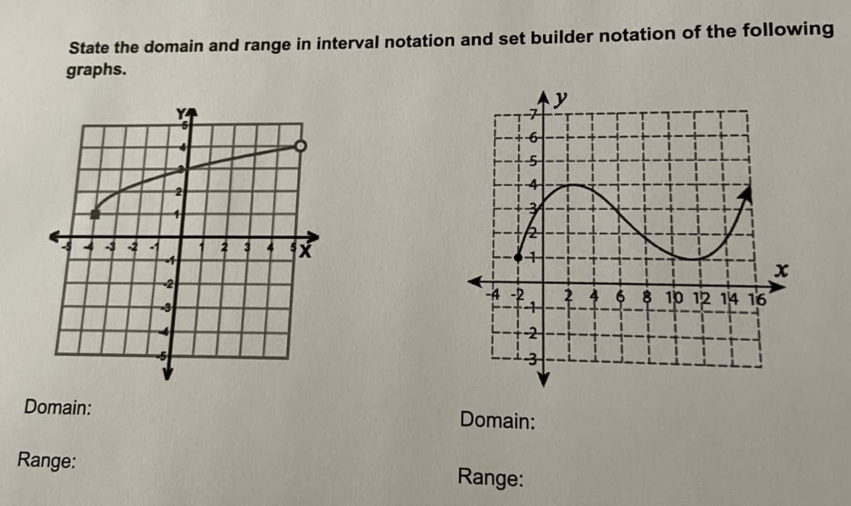 State the domain and range in interval notation and set builder notation of the following
graphs.
Ay
6 8 10 12 14 16
Domain:
Domain:
Range:
Range:
