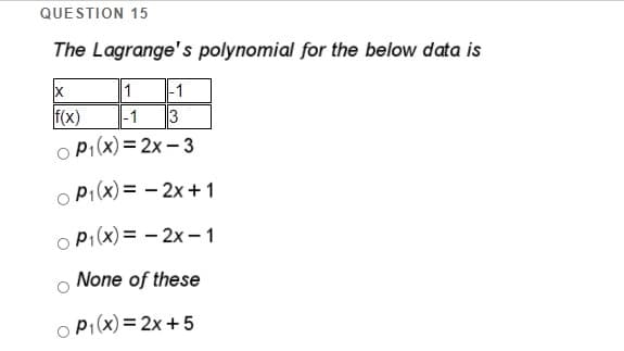 QUESTION 15
The Lagrange's polynomial for the below data is
|-1
1
|-1
3
f(x)
O PI(x) = 2x – 3
O PI(x) = – 2x + 1
o P1(x) = - 2x -1
None of these
O PI(x) = 2x +5
