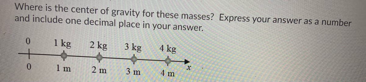 Where is the center of gravity for these masses? Express your answer as a number
and include one decimal place in your answer.
1 kg
2 kg
3 kg
4 kg
1 m
2 m
3 m
4 m
0.
