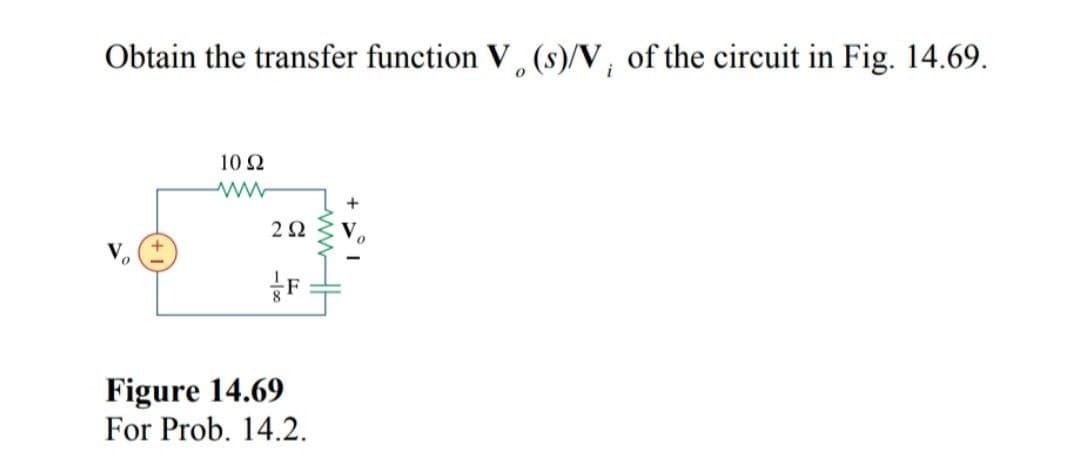 Obtain the transfer function V (s)/V, of the circuit in Fig. 14.69.
10 Ω
ww
292
F
Figure 14.69
For Prob. 14.2.