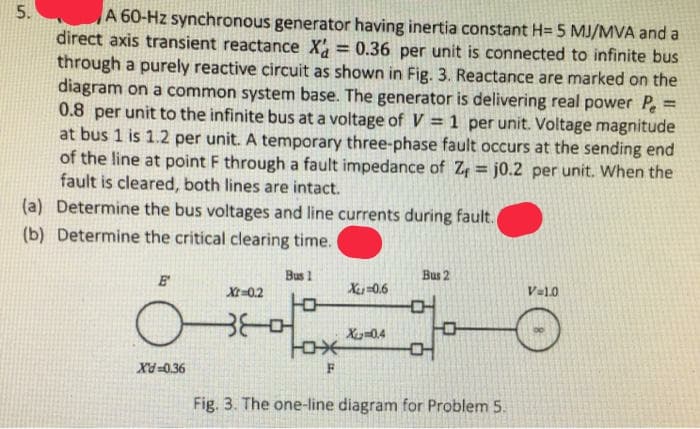 5.
A 60-Hz synchronous generator having inertia constant H= 5 MJ/MVA and a
direct axis transient reactance X = 0.36 per unit is connected to infinite bus
through a purely reactive circuit as shown in Fig. 3. Reactance are marked on the
diagram on a common system base. The generator is delivering real power P =
0.8 per unit to the infinite bus at a voltage of V = 1 per unit. Voltage magnitude
at bus 1 is 1.2 per unit. A temporary three-phase fault occurs at the sending end
of the line at point F through a fault impedance of Z = j0.2 per unit. When the
fault is cleared, both lines are intact.
%3D
%3D
(a) Determine the bus voltages and line currents during fault.
(b) Determine the critical clearing time.o
Bus 1
Bus 2
Xt=0.2
X0.6
Va10
-머
X=04
-어
Xd=0.36
F
Fig. 3. The one-line diagram for Problem 5.
